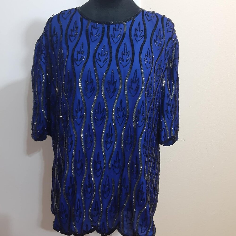 Vintage SCALA Women's Size 2xl Blue Silk Beaded Evening Blouse *AS IS*